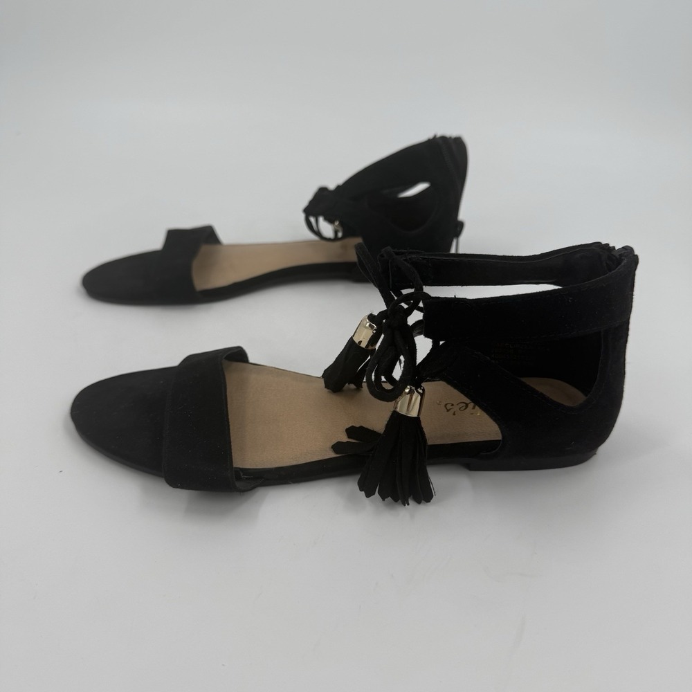 Candies Womens Size 6.5 Black Tassel Sandals Lace Up Ankle Strap Boho Suede
